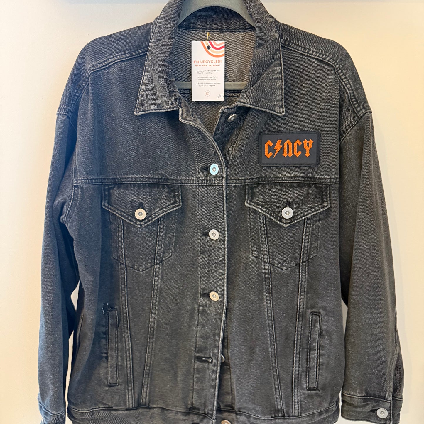Who Dey Embroidered Cincinnati Bengals Upcycled Stonewash Black Denim Jacket