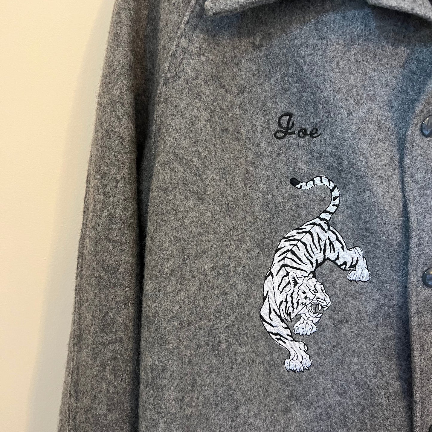 Joe Brrr - White Bengal Tiger Upcycled Varsity Wool Coat