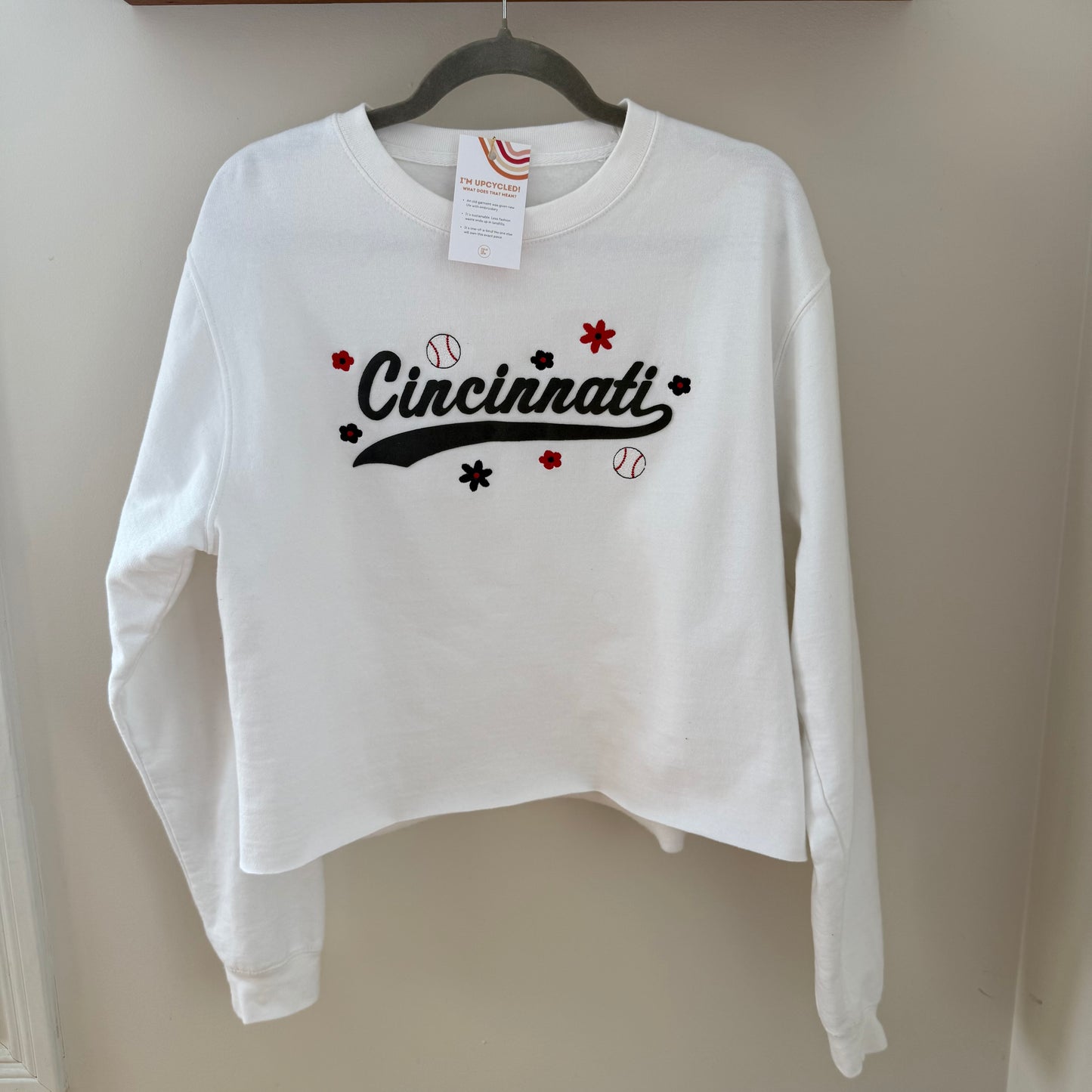 Cincinnati Baseball Embroidered Upcycled Cropped Crewneck Sweatshirt