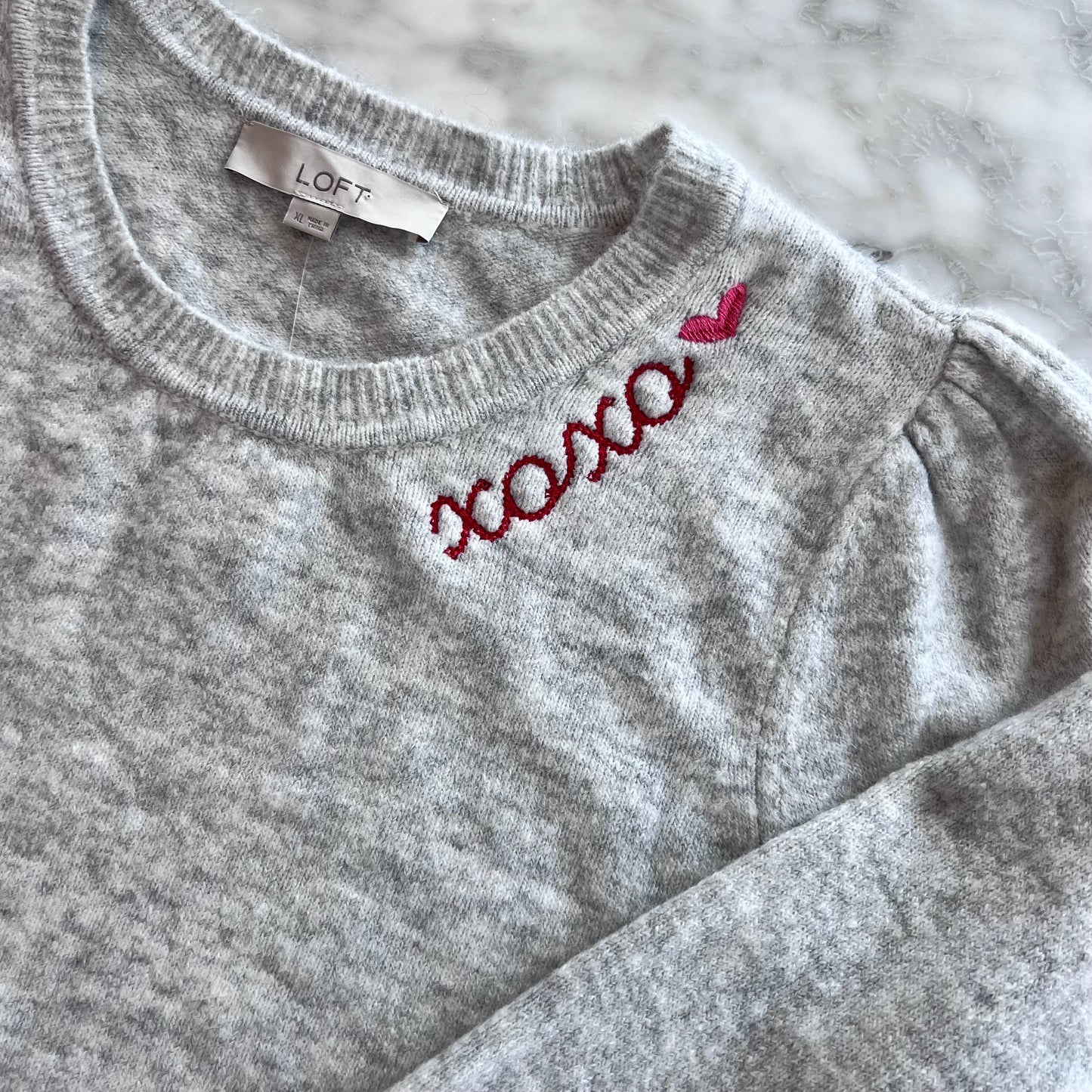 "XOXO" Embroidered Upcycled Grey Sweater