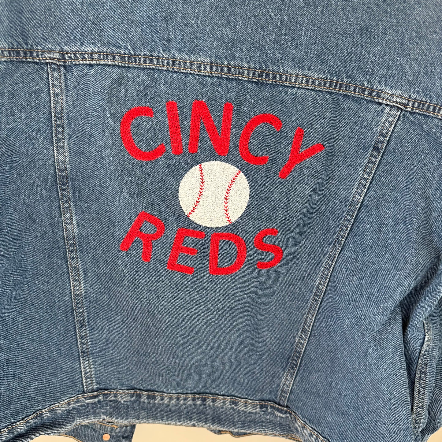 Cincy Reds Chainstitich Embroidered Upcycled Denim Jacket
