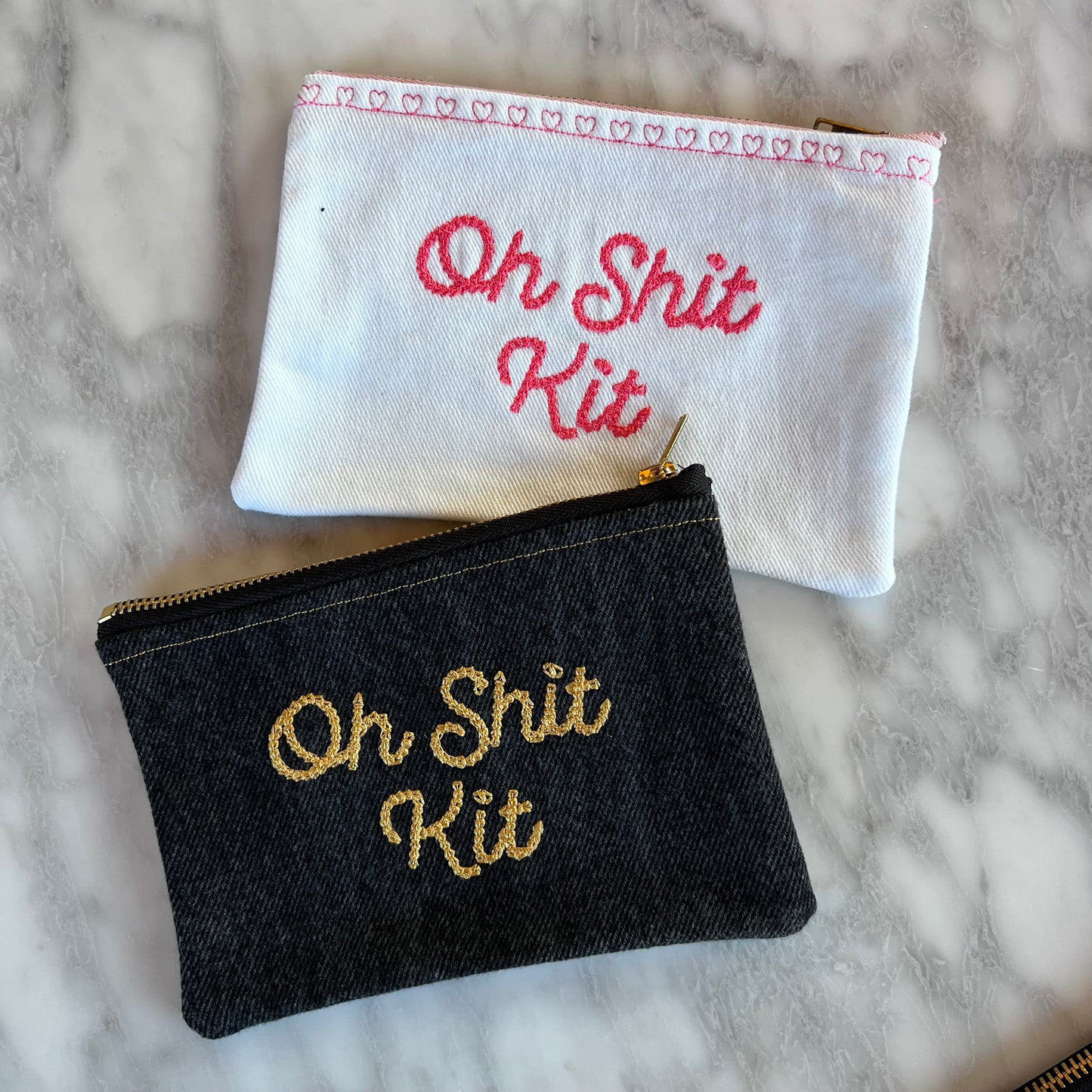 "Oh Shit Kit" Embroidered Upcycled Denim Pouch