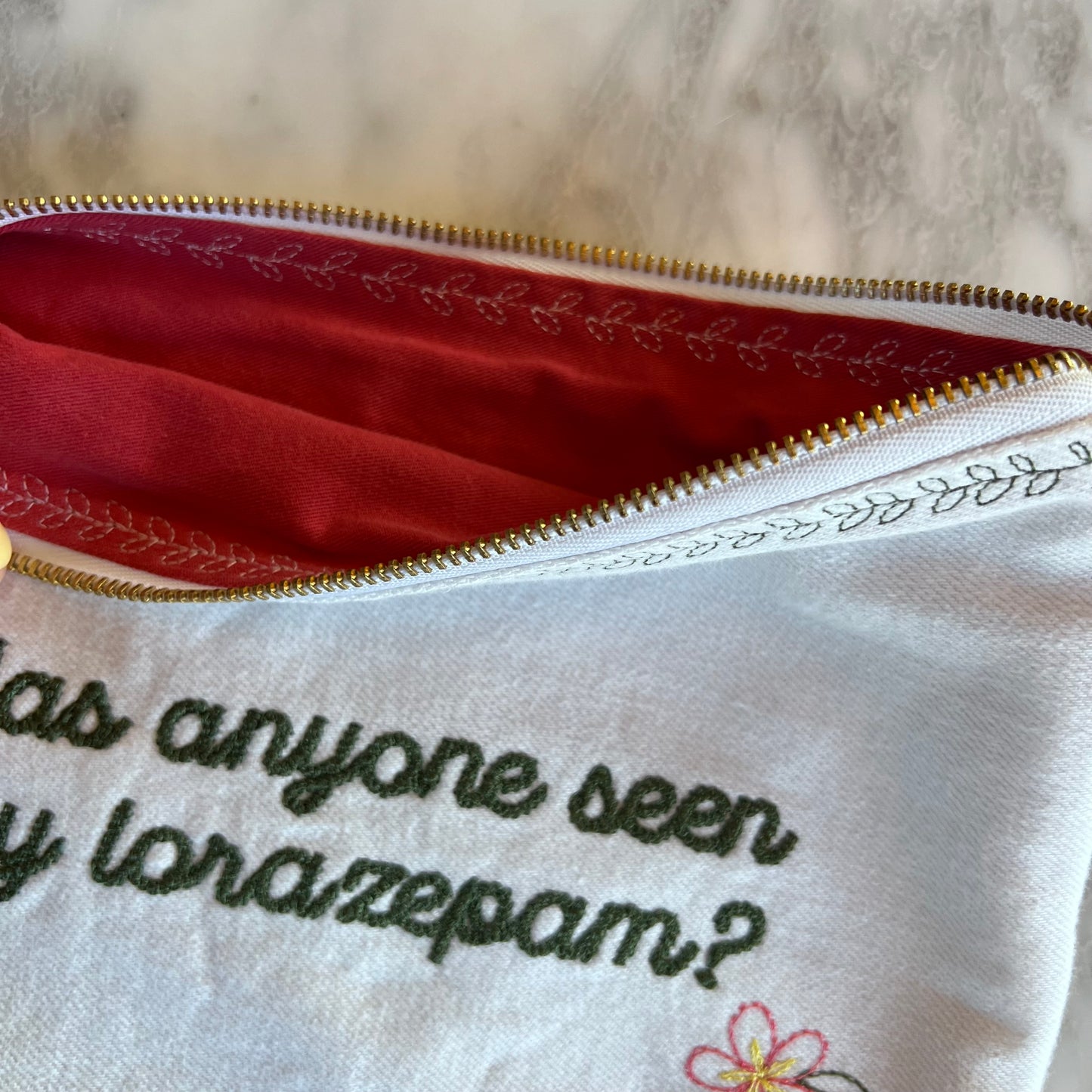 "Has anyone seen my lorazepam?" Embroidered White Lotus Upcycled Denim Pouch