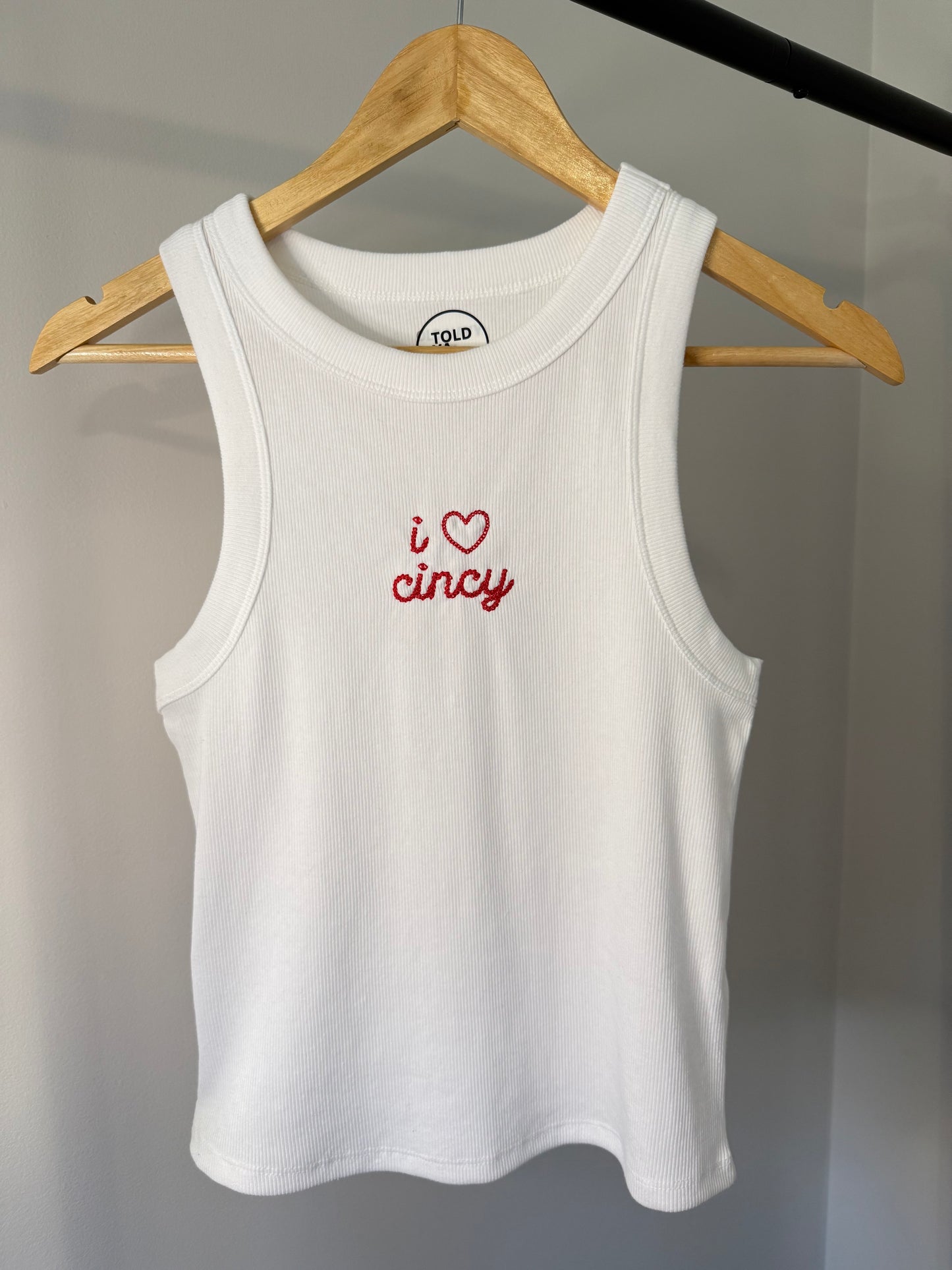 "I Love Cincy" Embroidered Fitted Tank Top