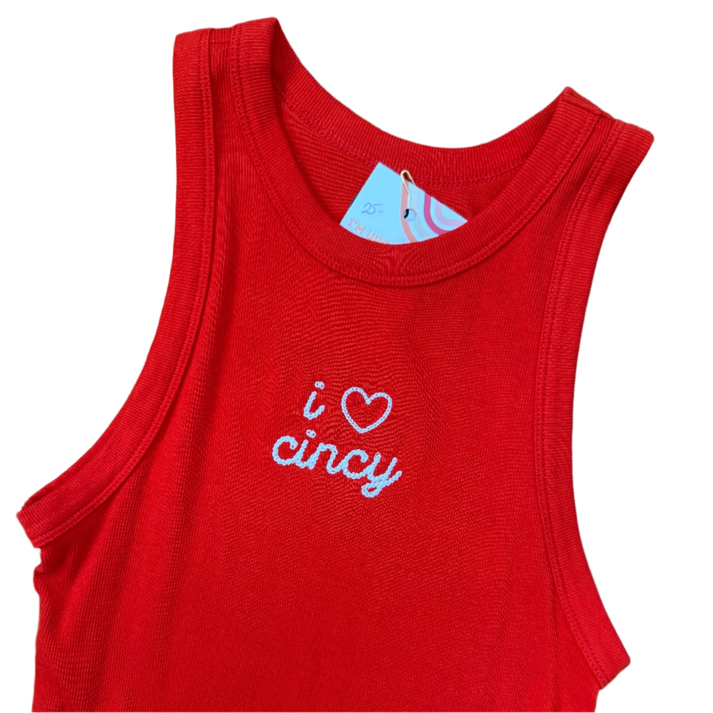 "I Love Cincy" Upcycled Embroidered Red Fitted Tank Top