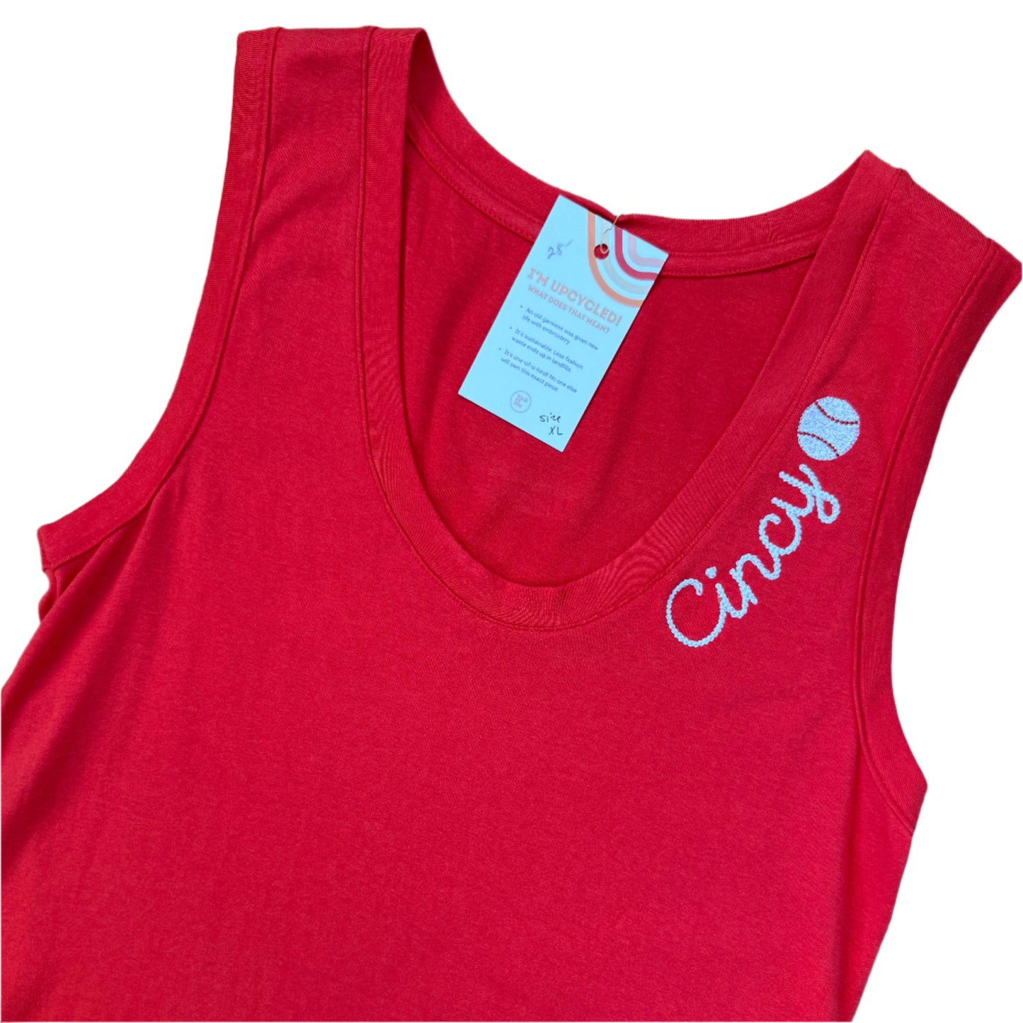 Cincy Baseball Embroidered Scoop Neck Red Tank Top
