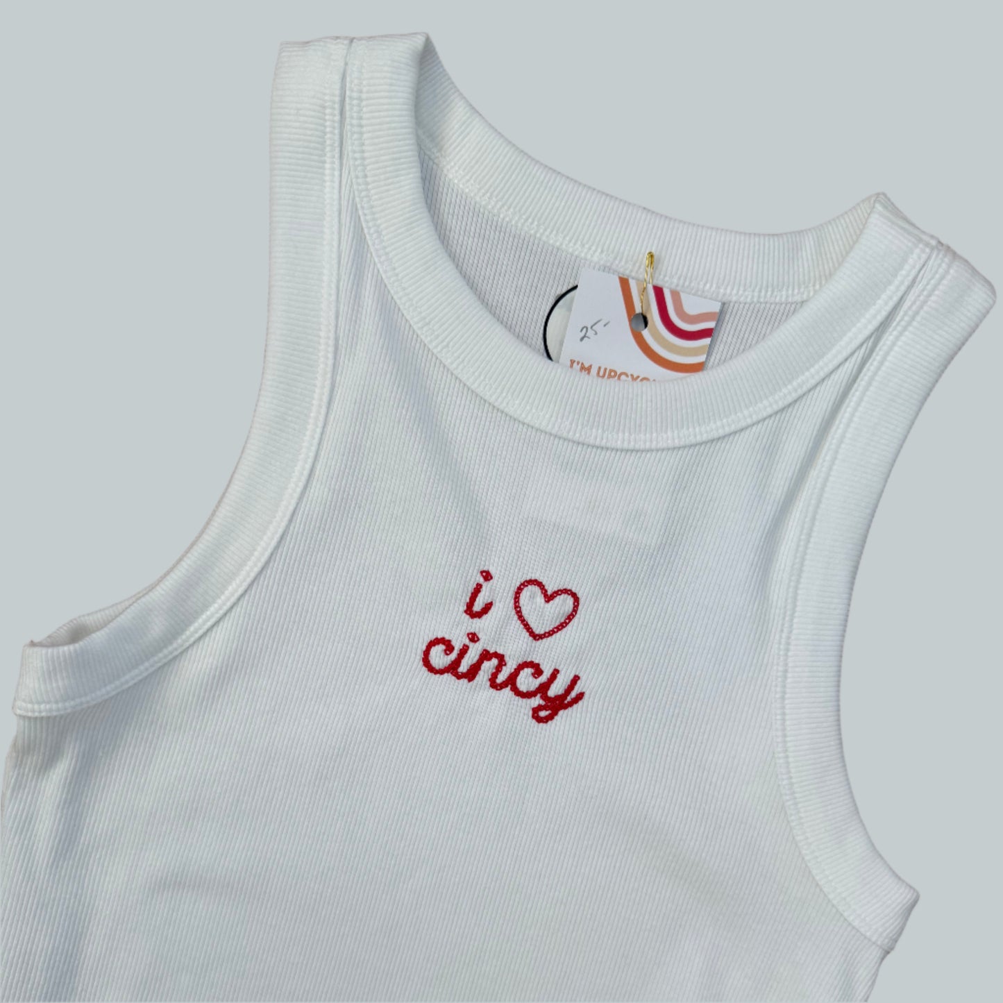 "I Love Cincy" Upcycled Embroidered White Fitted Tank Top