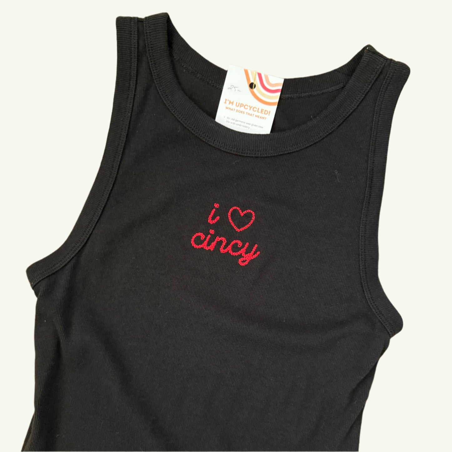 "I Love Cincy" Upcycled Embroidered Black Fitted Tank Top