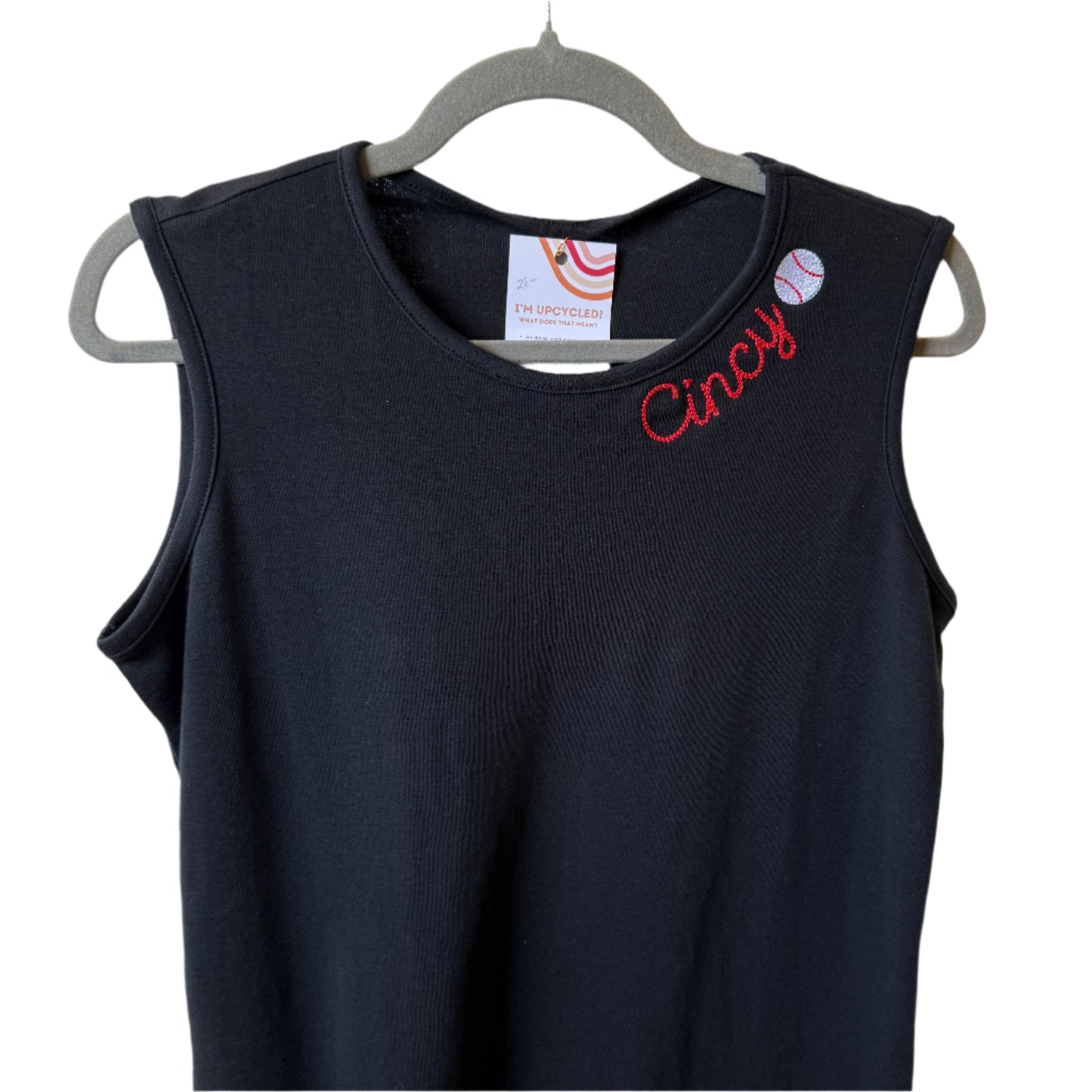 Cincy Baseball Embroidered Crewneck Sleeveless Black Top