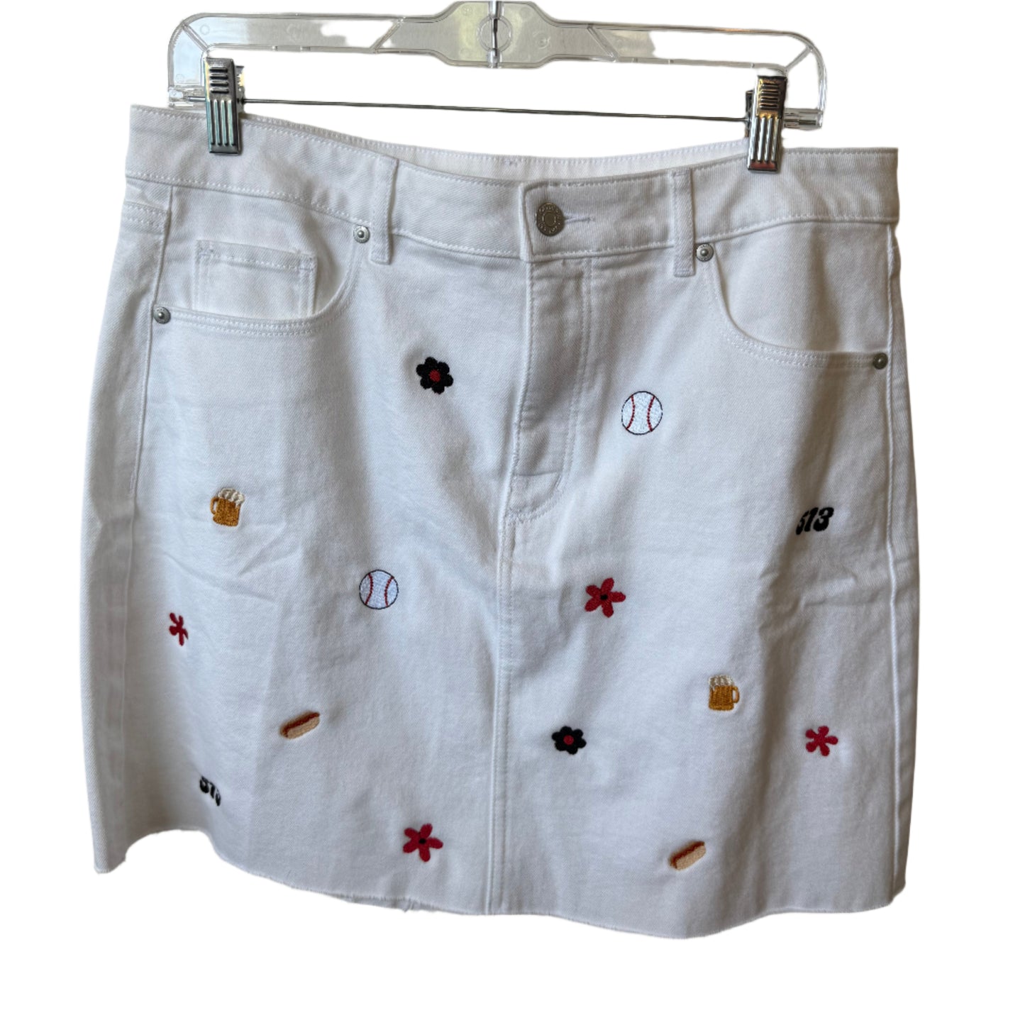 "Summer in Cincy" Upcycled Embroidered White Denim Skirt