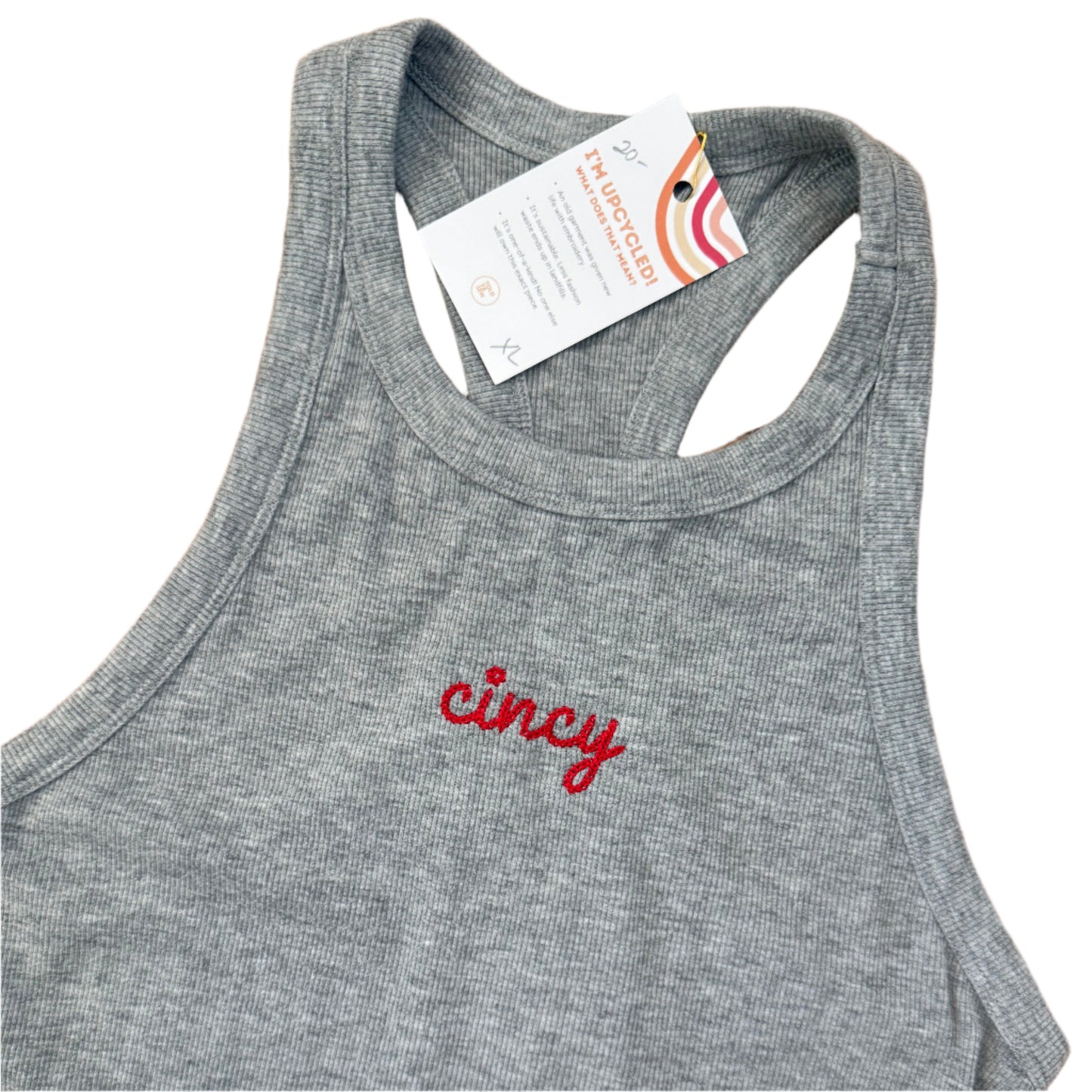 Cincy Embroidered Upcycled Grey Racer Back Tank