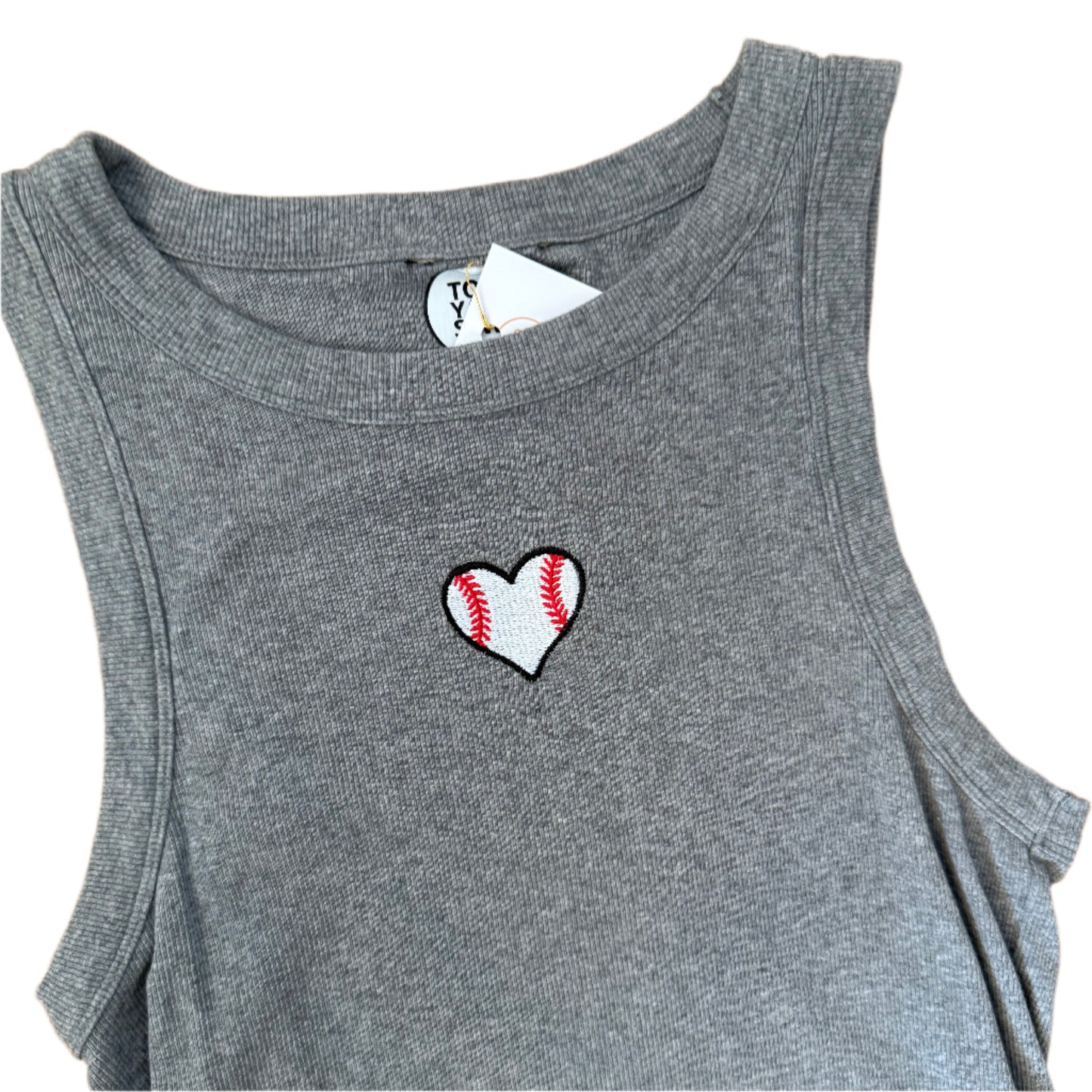 Baseball Heart Embroidered Upcycled Grey Tank Top