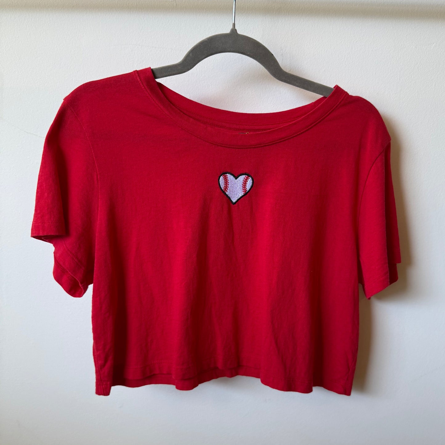 Baseball Heart Embroidered Upcycled Red Crop Top T-Shirt