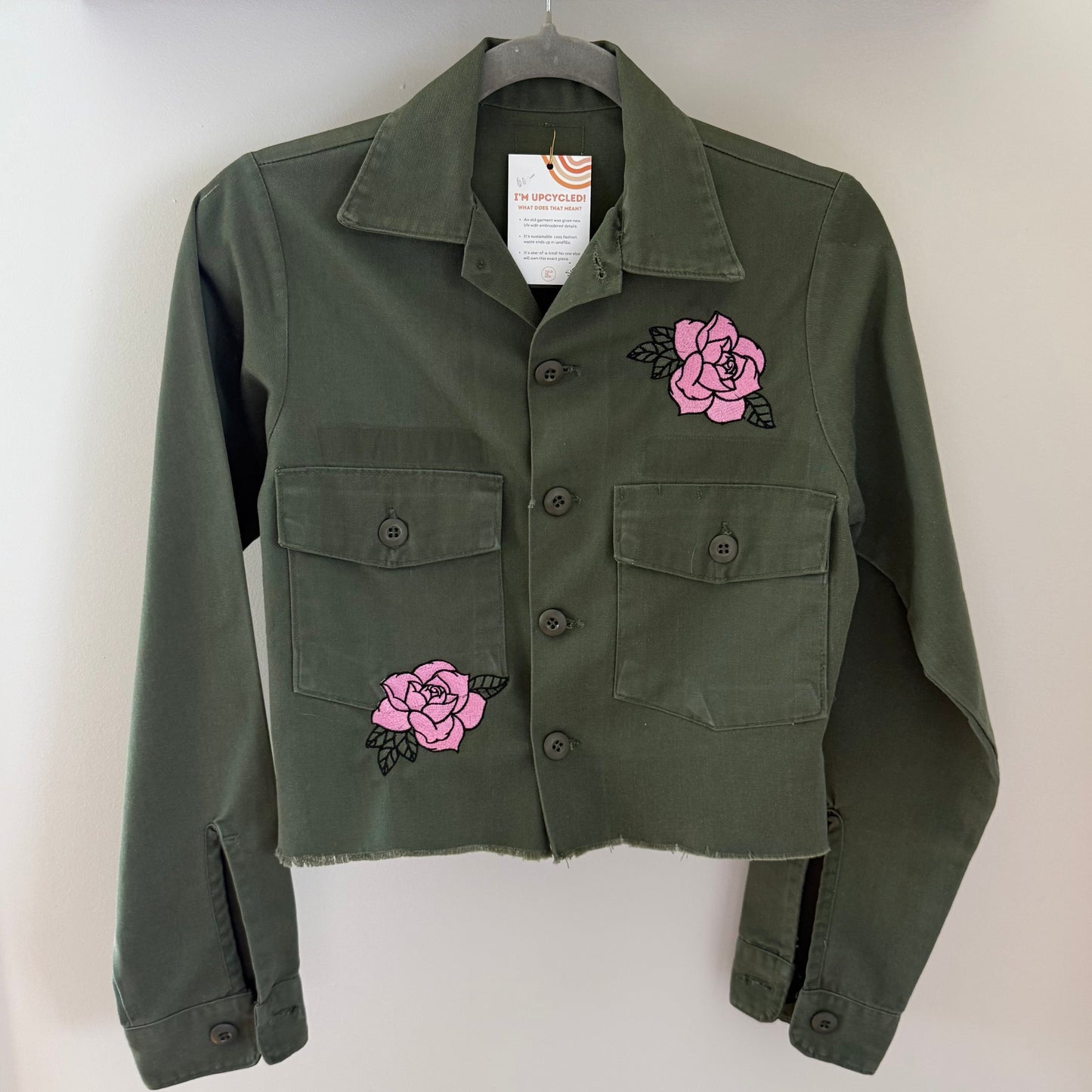 Upcycled Embroidered Pink Roses Army Jacket