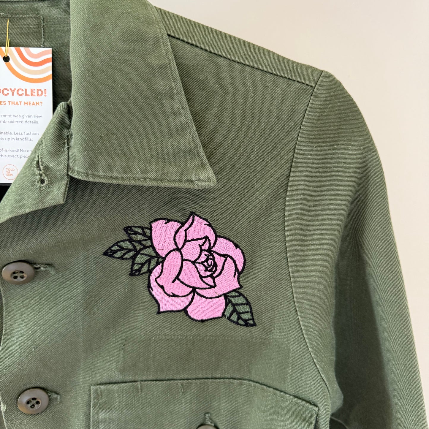 Upcycled Embroidered Pink Roses Army Jacket