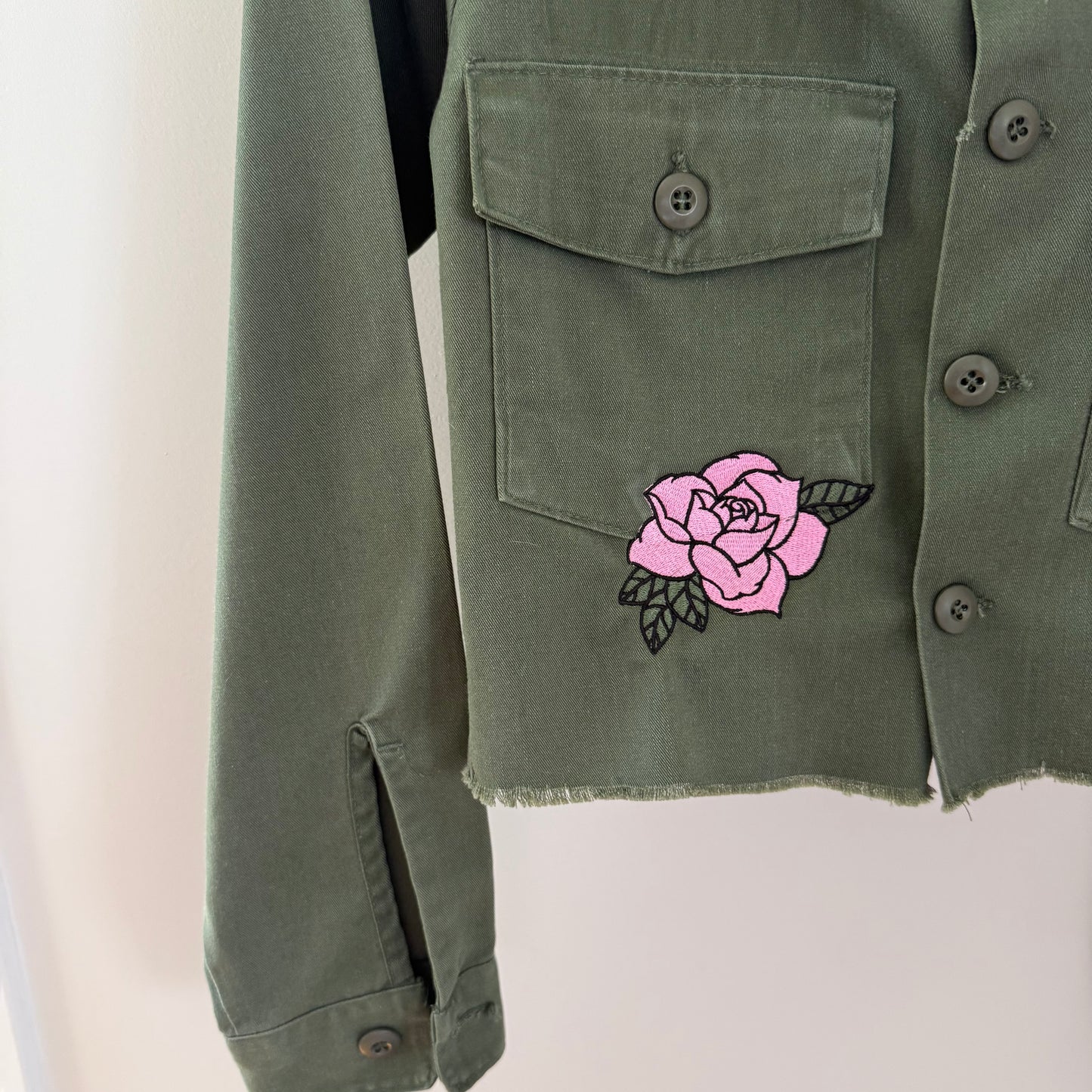 Upcycled Embroidered Pink Roses Army Jacket