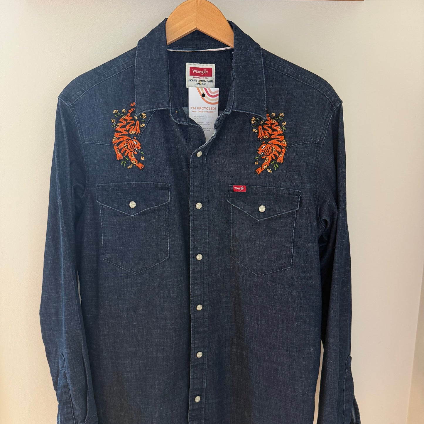 Men's Western Snap Denim Shirt with Embroidered Bengal Tigers