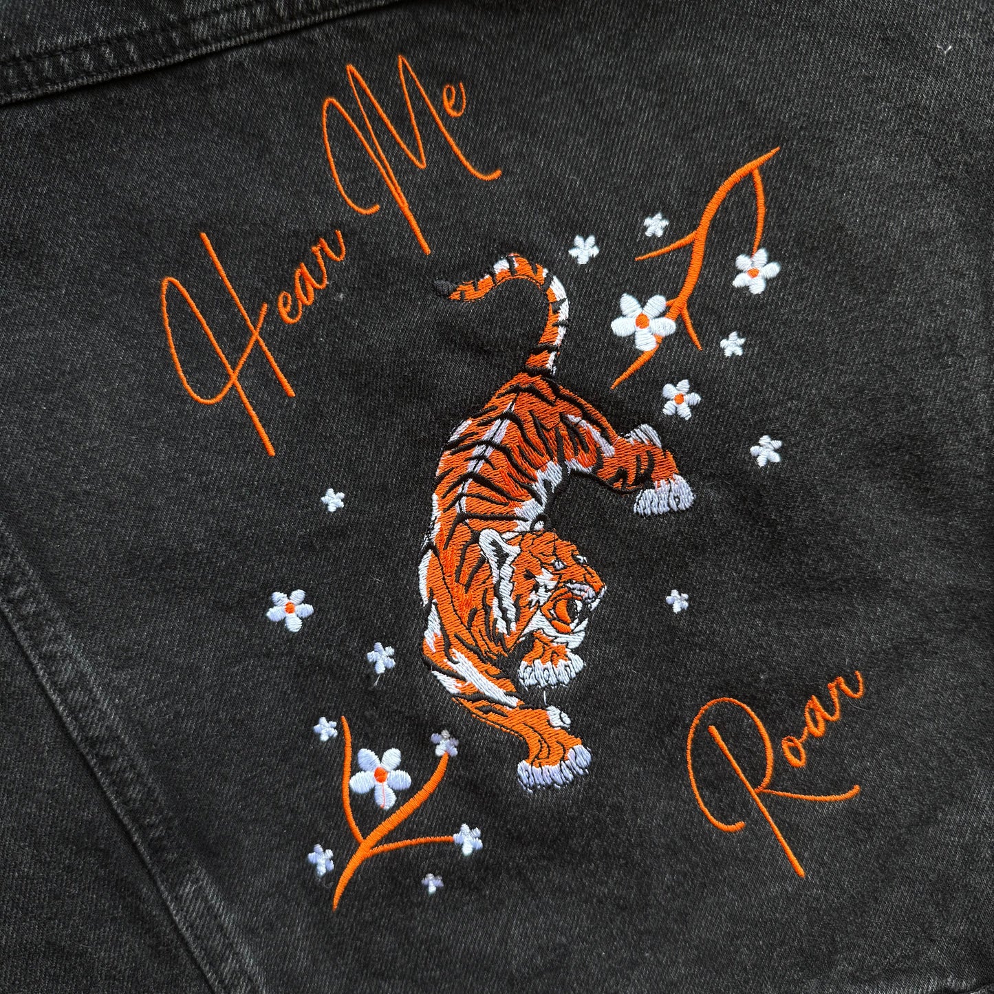 "Hear Me Roar" Embroidered Cincinnati Football Upcycled Black Denim Jacket