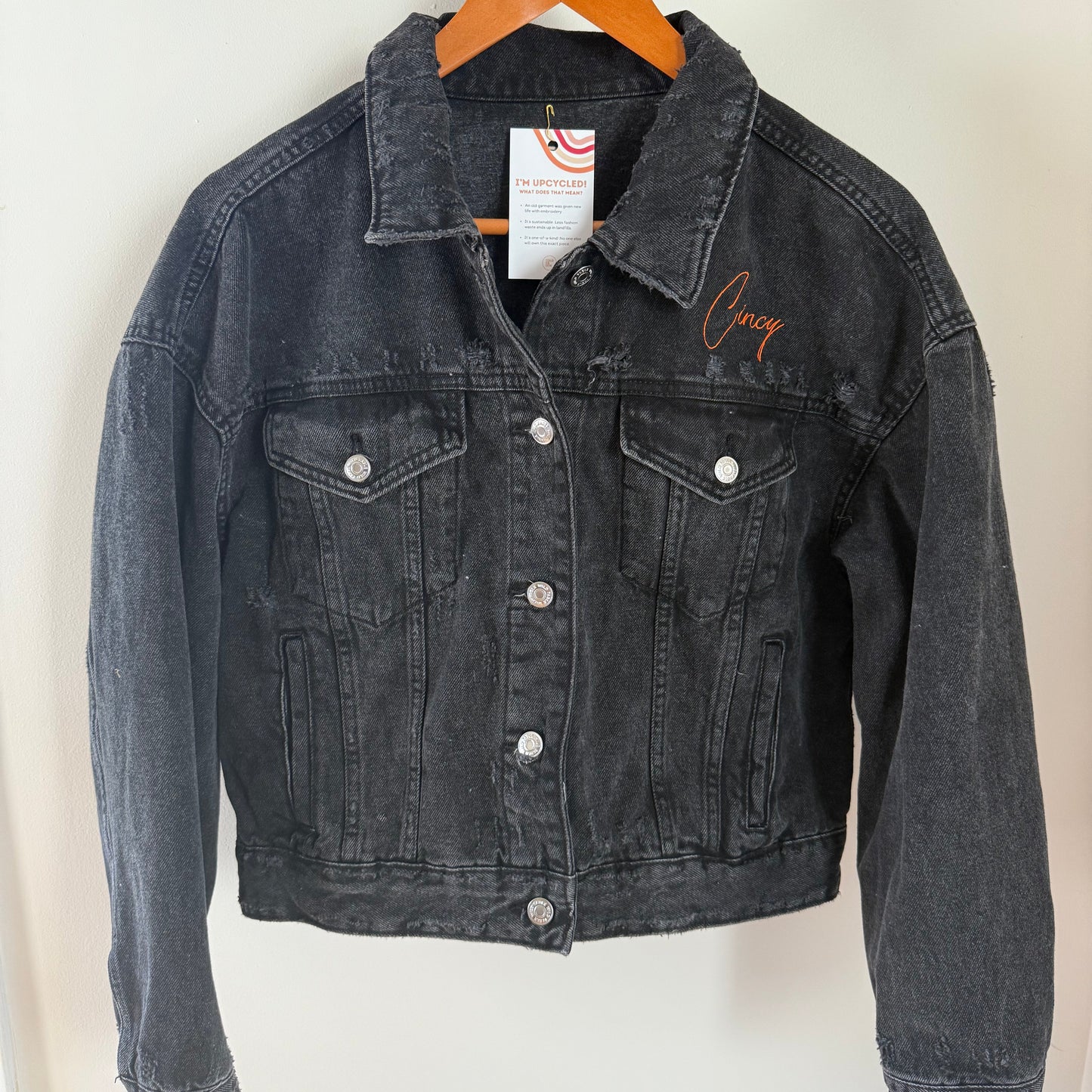 "Hear Me Roar" Embroidered Cincinnati Football Upcycled Black Denim Jacket