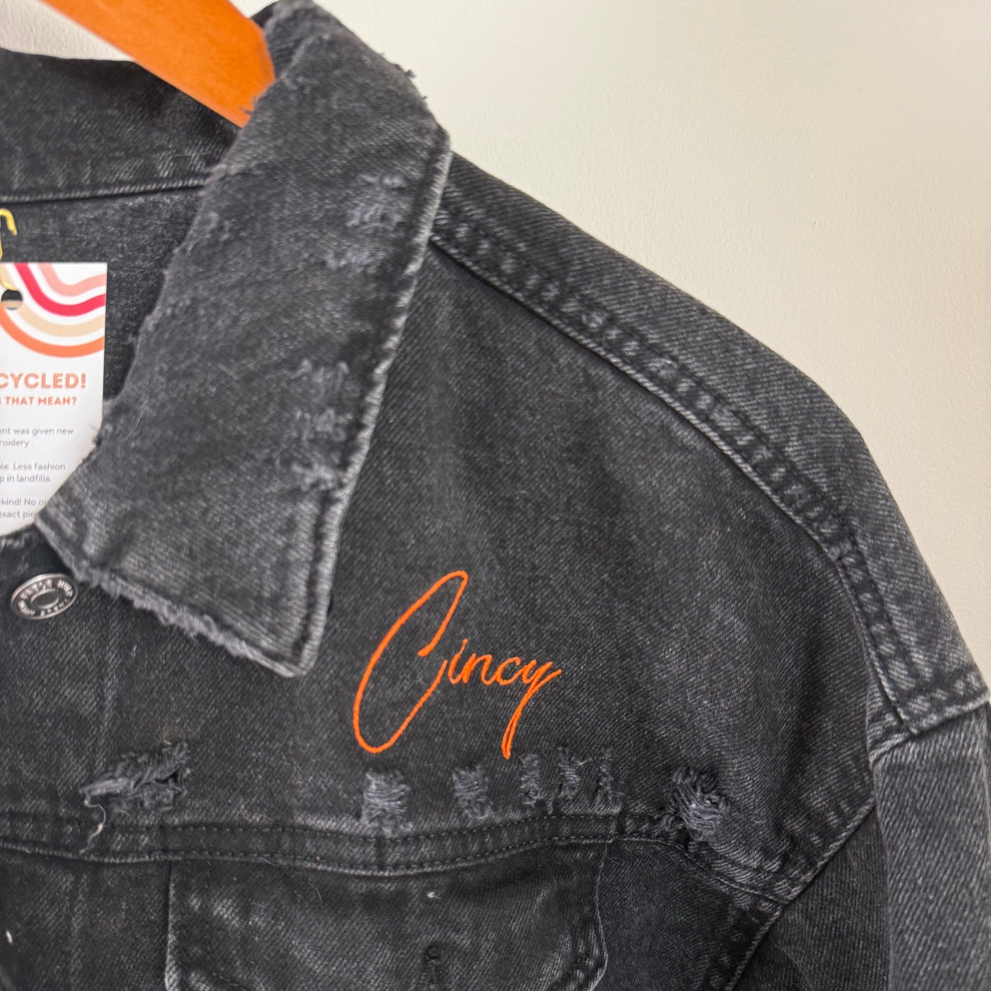 "Hear Me Roar" Embroidered Cincinnati Football Upcycled Black Denim Jacket