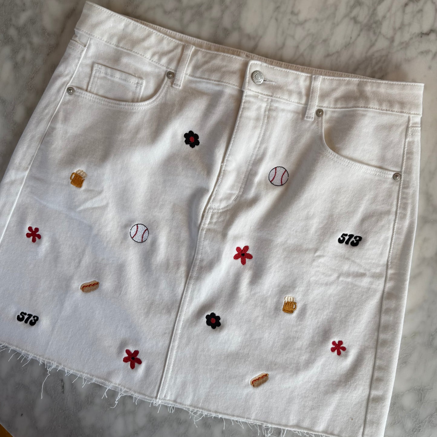 "Summer in Cincy" Upcycled Embroidered White Denim Skirt