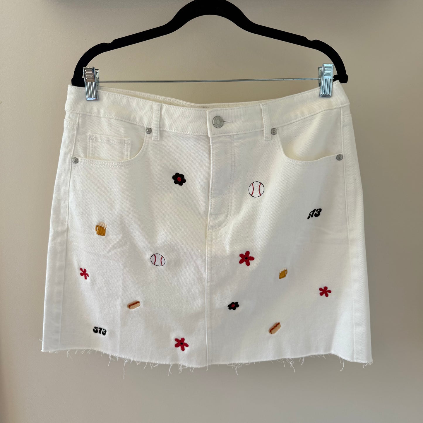 "Summer in Cincy" Upcycled Embroidered White Denim Skirt