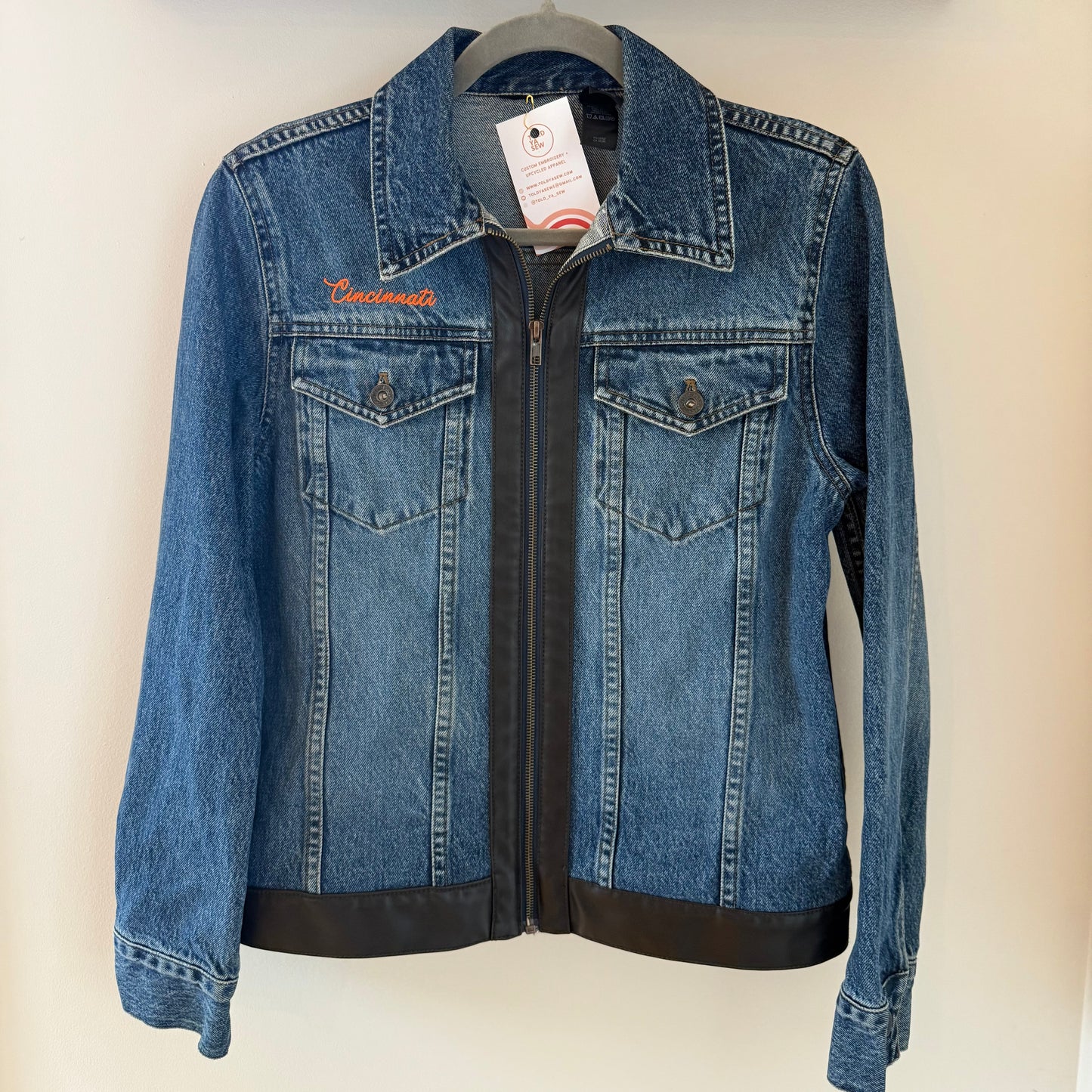 Cincinnati Football Upcycled Denim Jacket with Faux Leather Details