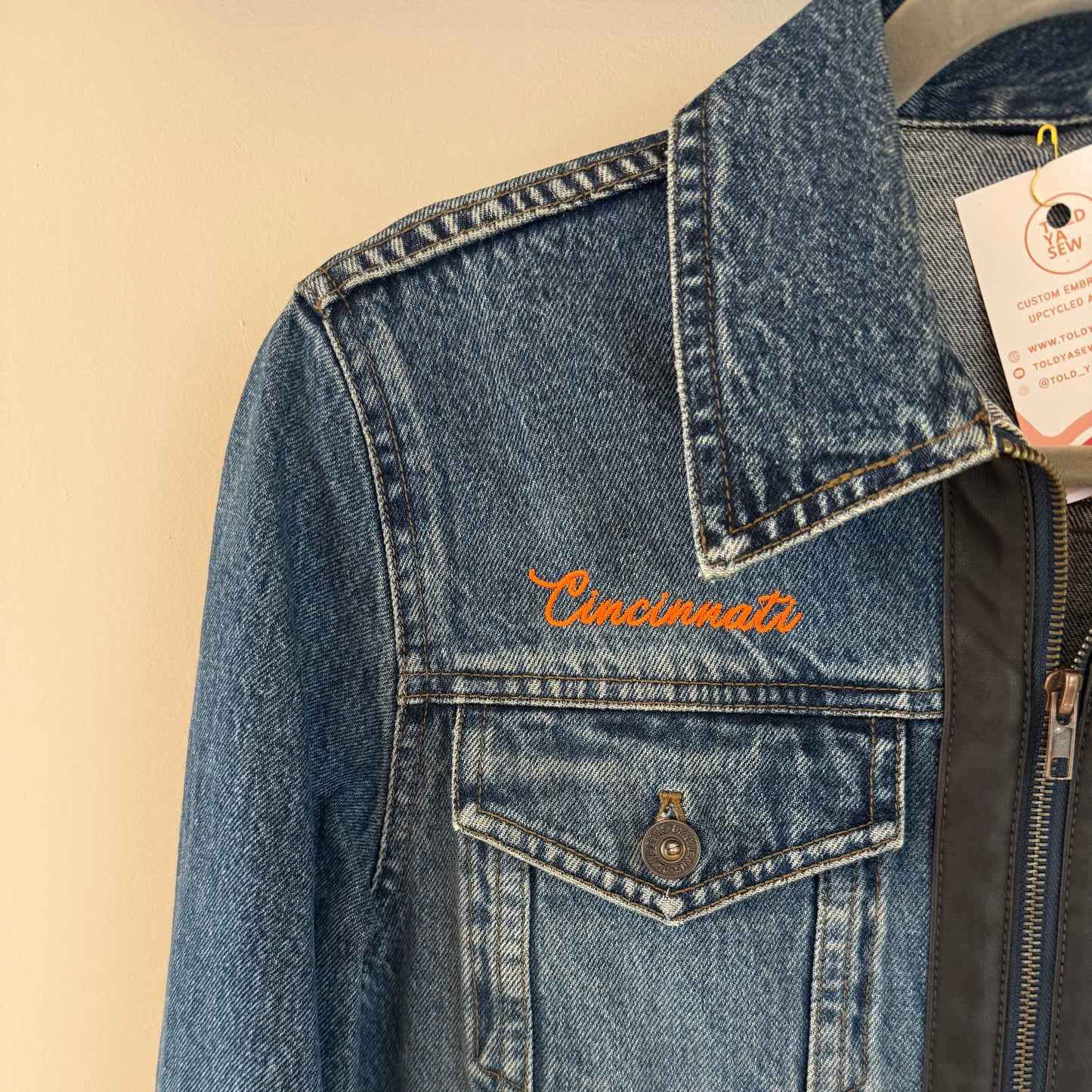 Cincinnati Football Upcycled Denim Jacket with Faux Leather Details