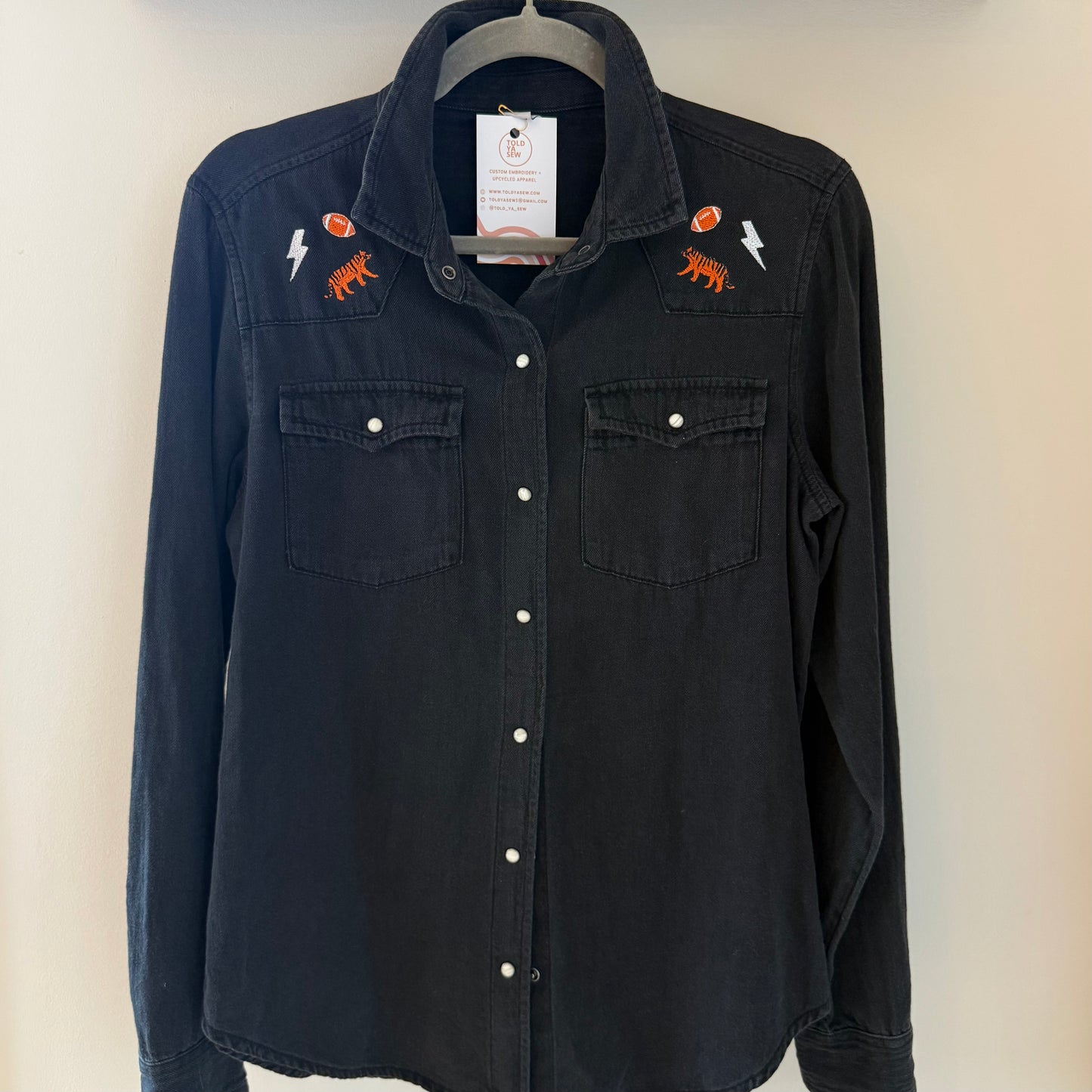 Bengals Upcycled Western Black Denim Snap-Button Shirt