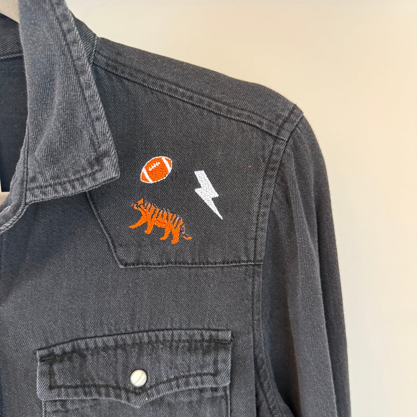 Bengals Upcycled Western Black Denim Snap-Button Shirt
