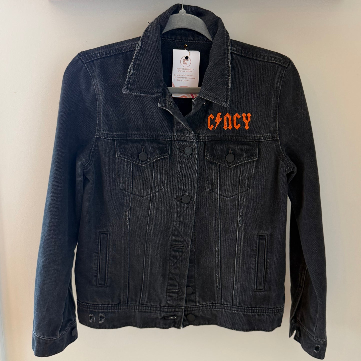Cincy Bengals Embroidered Upcycled Black Denim Jacket