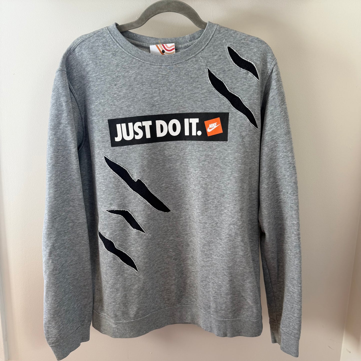 Just Do It Striped Reverse Appliqued Upcycled Nike Crewneck