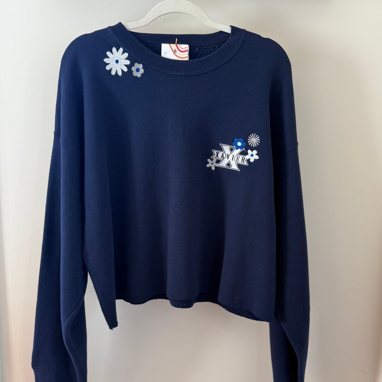 Xavier University Floral Embroidered Upcycled Cropped Crewneck