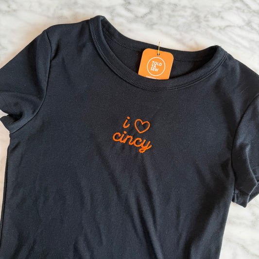 "I Love Cincy" Cincinnati Bengals Embroidered Tee or Tank: Crop & Relax Fit Options