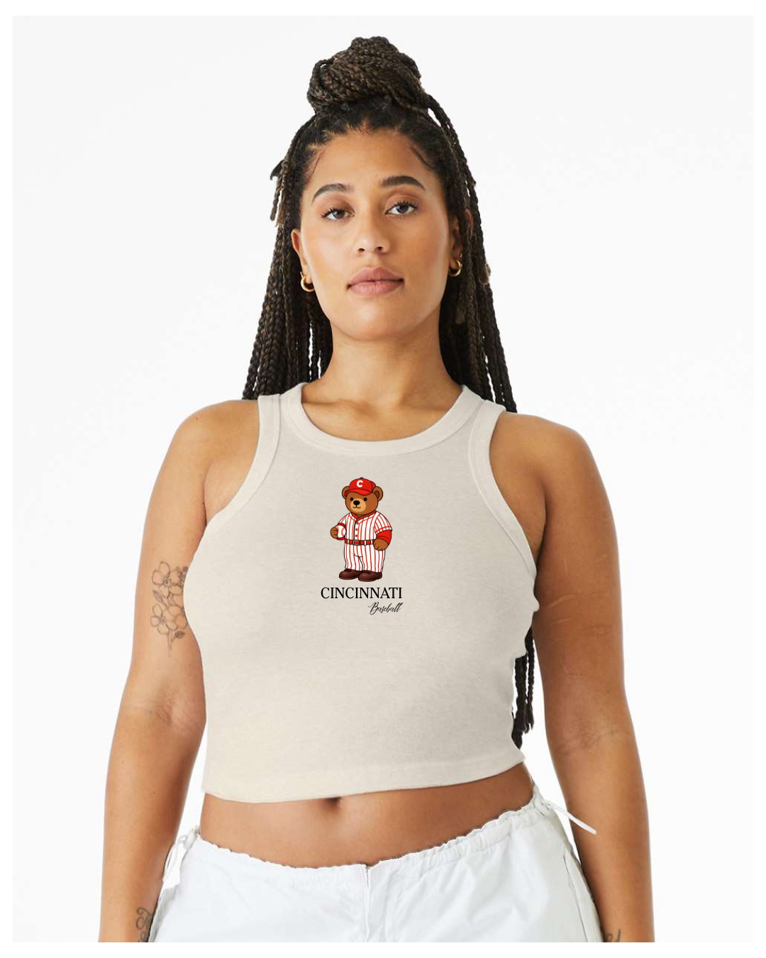 Cincinnati Reds Baseball Teddy Bear Fitted Crop Tee or Tank Top