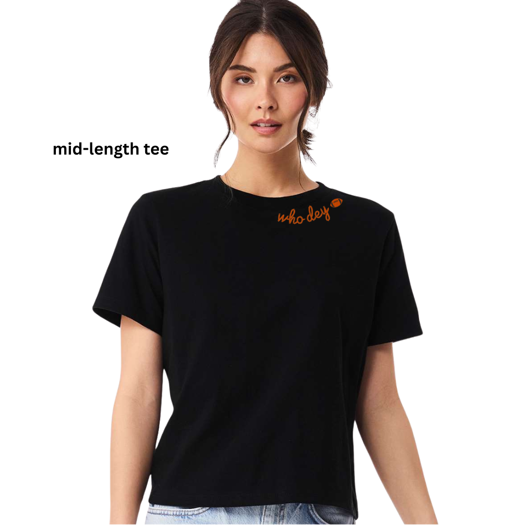 Who Dey Chainstitch Embroidered T-Shirt: Crop & Relax Fit Options