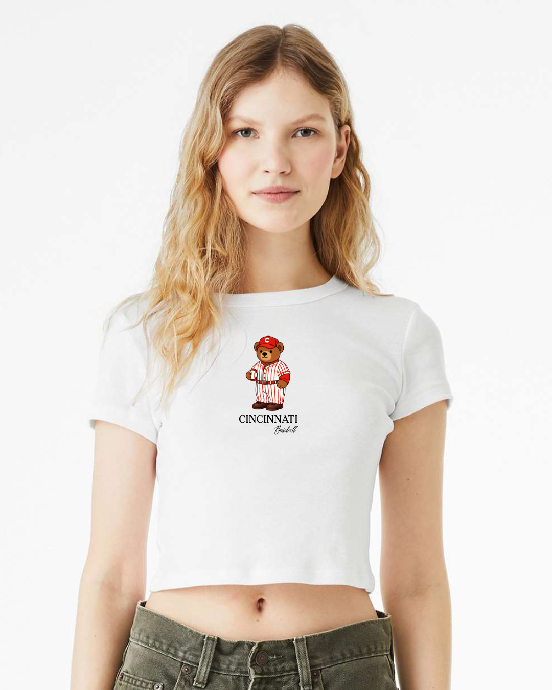 Cincinnati Reds Baseball Teddy Bear Fitted Crop Tee or Tank Top