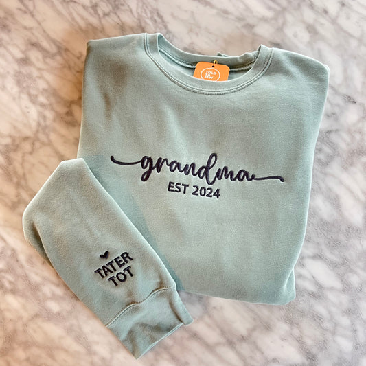 Custom Grandma, Mama, Nana Crewneck with Sleeve Embroidery