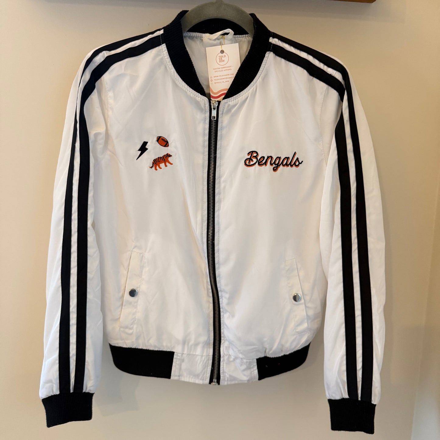 Cincinnati Bengals Embroidered Upcycled White Bomber Style Jacket
