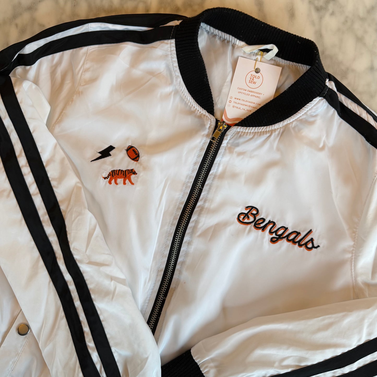 Cincinnati Bengals Embroidered Upcycled White Bomber Style Jacket
