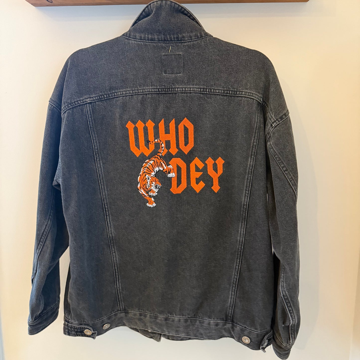 Who Dey Embroidered Cincinnati Bengals Upcycled Stonewash Black Denim Jacket