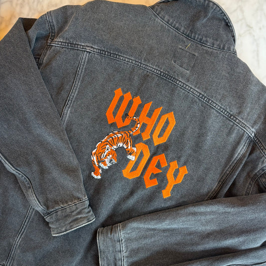 Who Dey Embroidered Cincinnati Bengals Upcycled Stonewash Black Denim Jacket