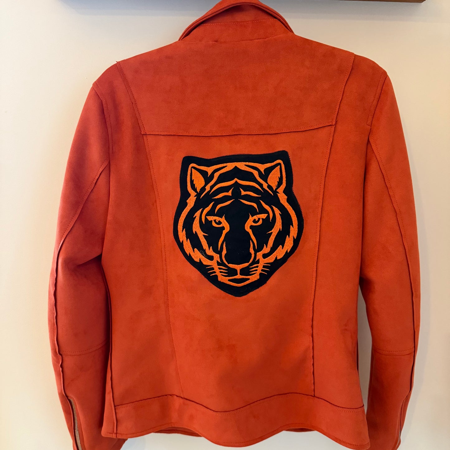 Bengals Embroidered Upcycled Faux Suede Orange Moto Jacket