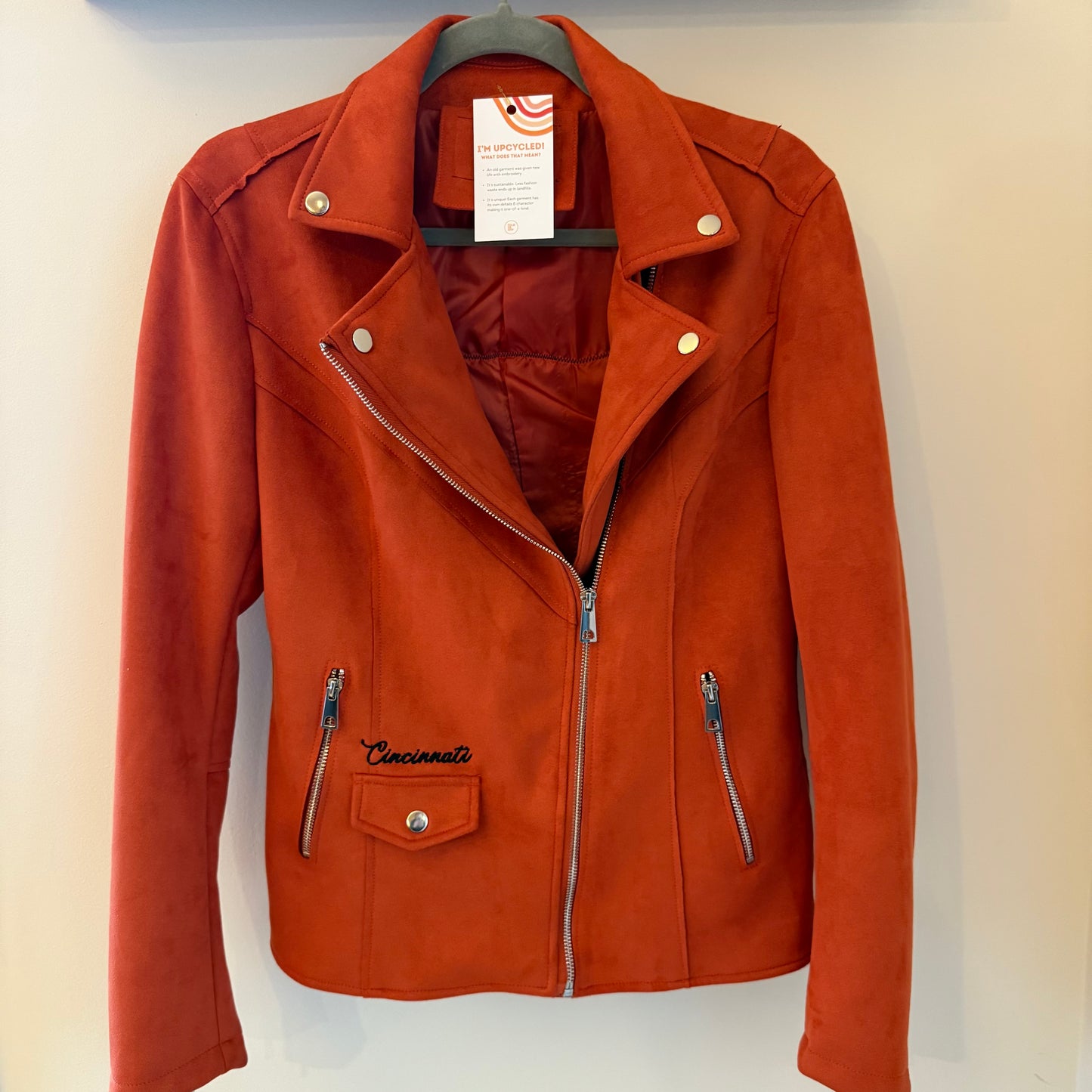 Bengals Embroidered Upcycled Faux Suede Orange Moto Jacket