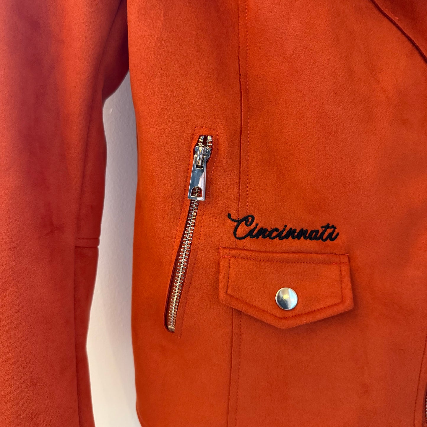 Bengals Embroidered Upcycled Faux Suede Orange Moto Jacket