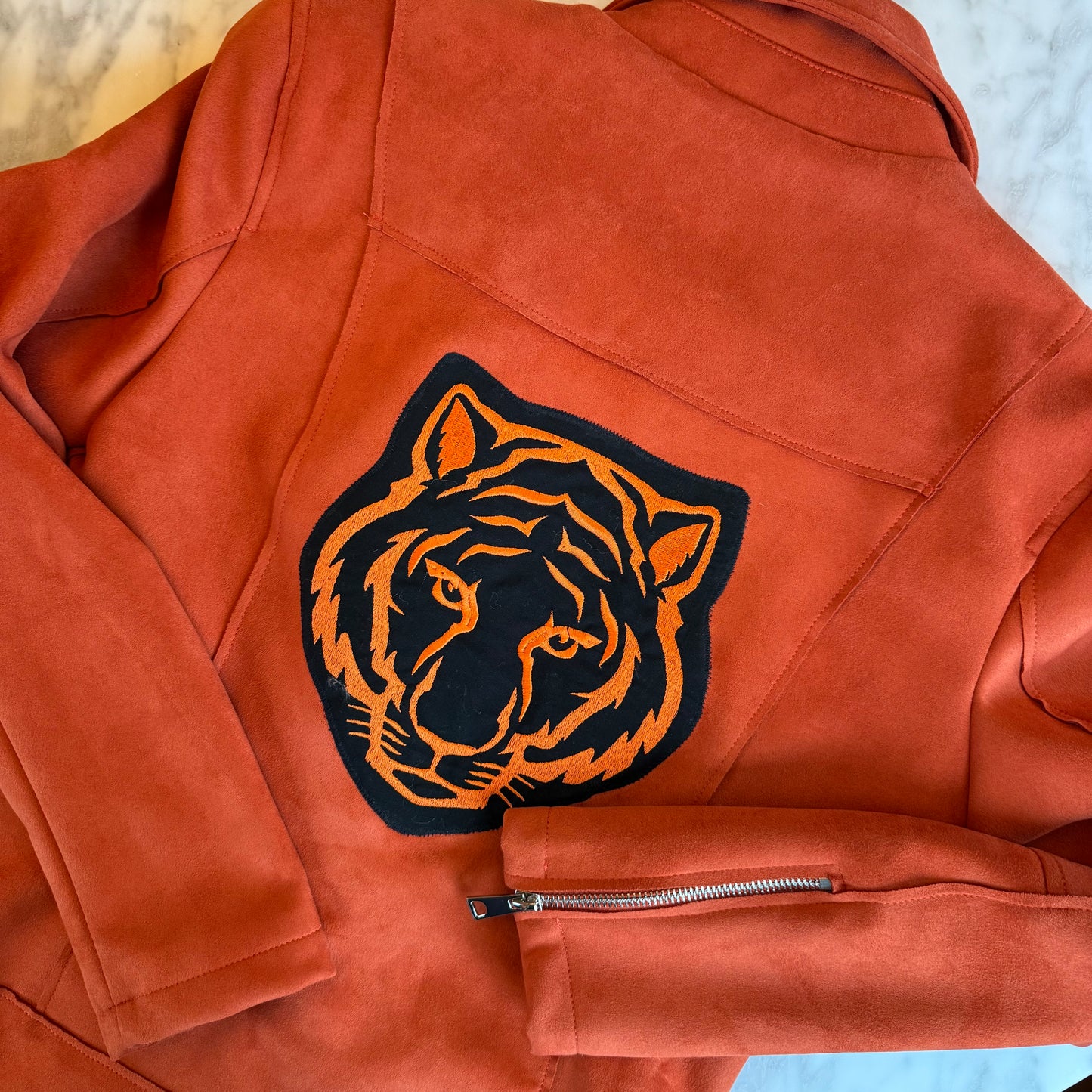 Bengals Embroidered Upcycled Faux Suede Orange Moto Jacket