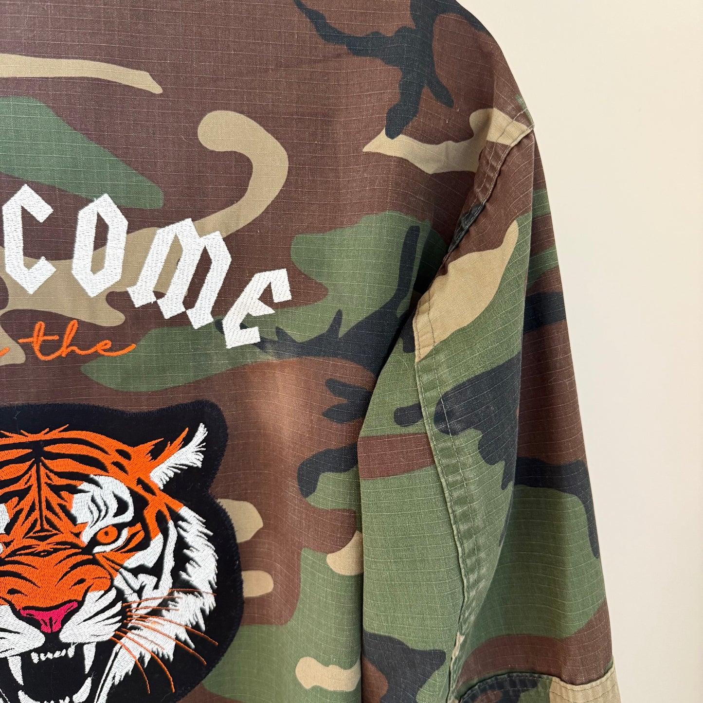 "Welcome to the Jungle" Upcycled Army Camo Full-Length Jacket
