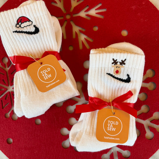 Embroidered Christmas Nike Crew Socks - Santa Hat and Rudolph Reindeer