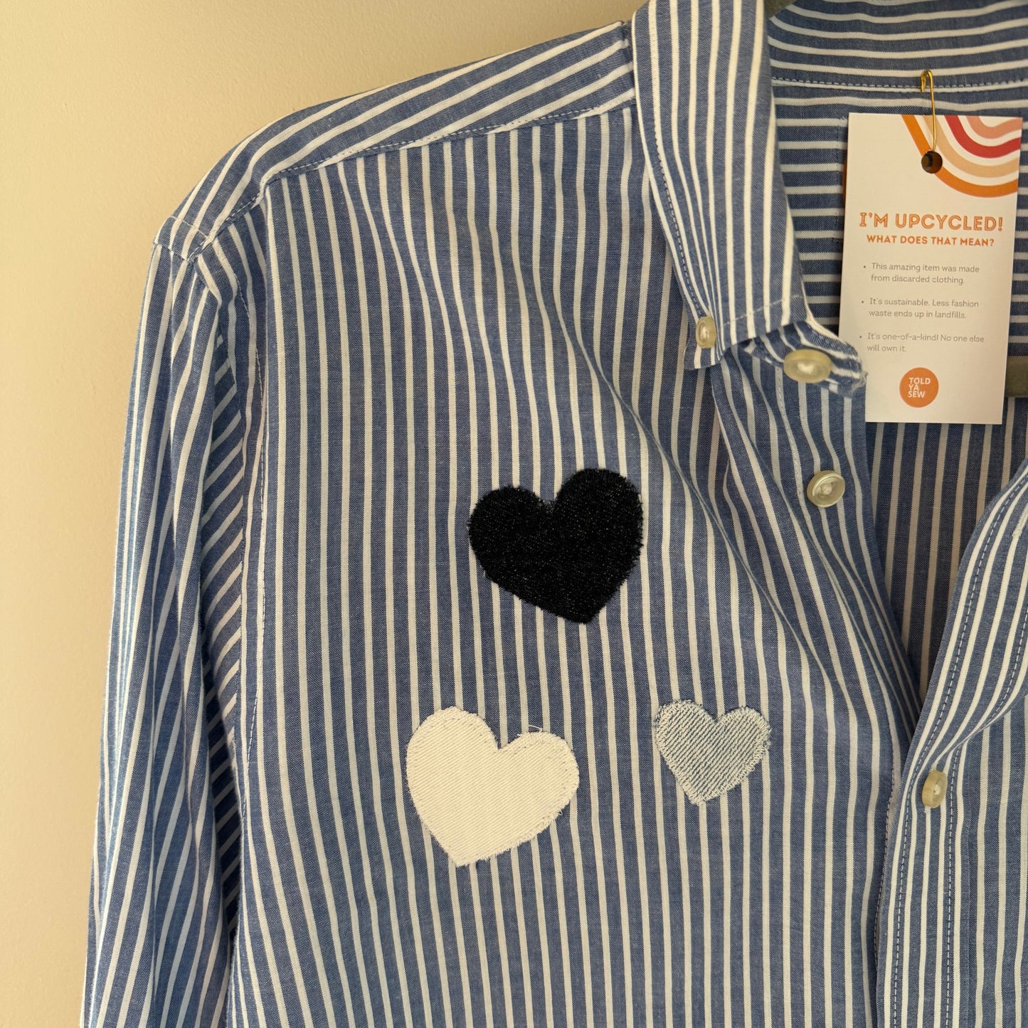 Hearts Appliqué Upcycled Blue Pin-Striped Button-Up Shirt