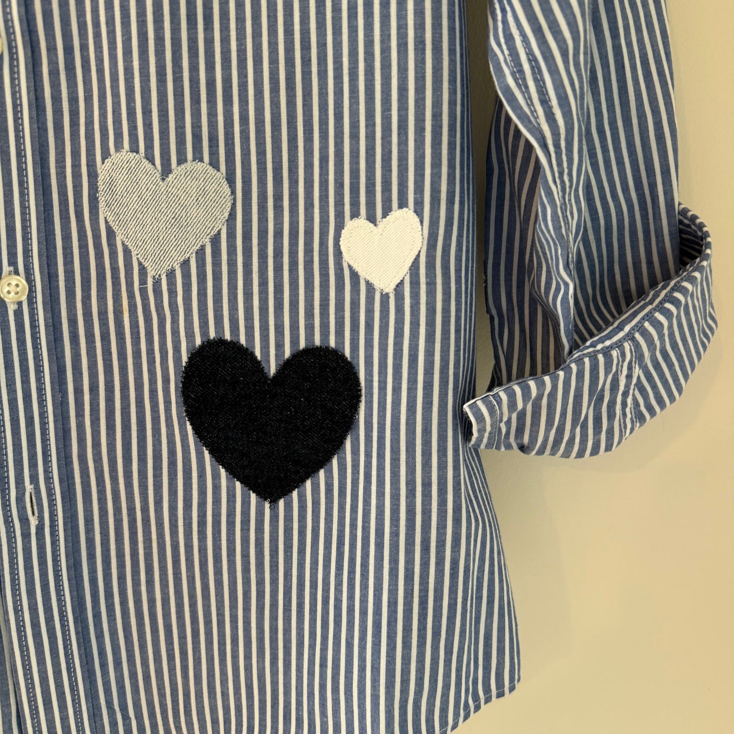 Hearts Appliqué Upcycled Blue Pin-Striped Button-Up Shirt